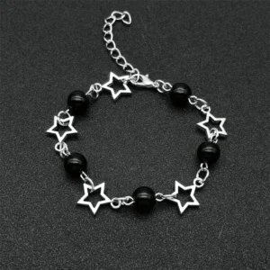 Bracelet étoile et perles noires argenté