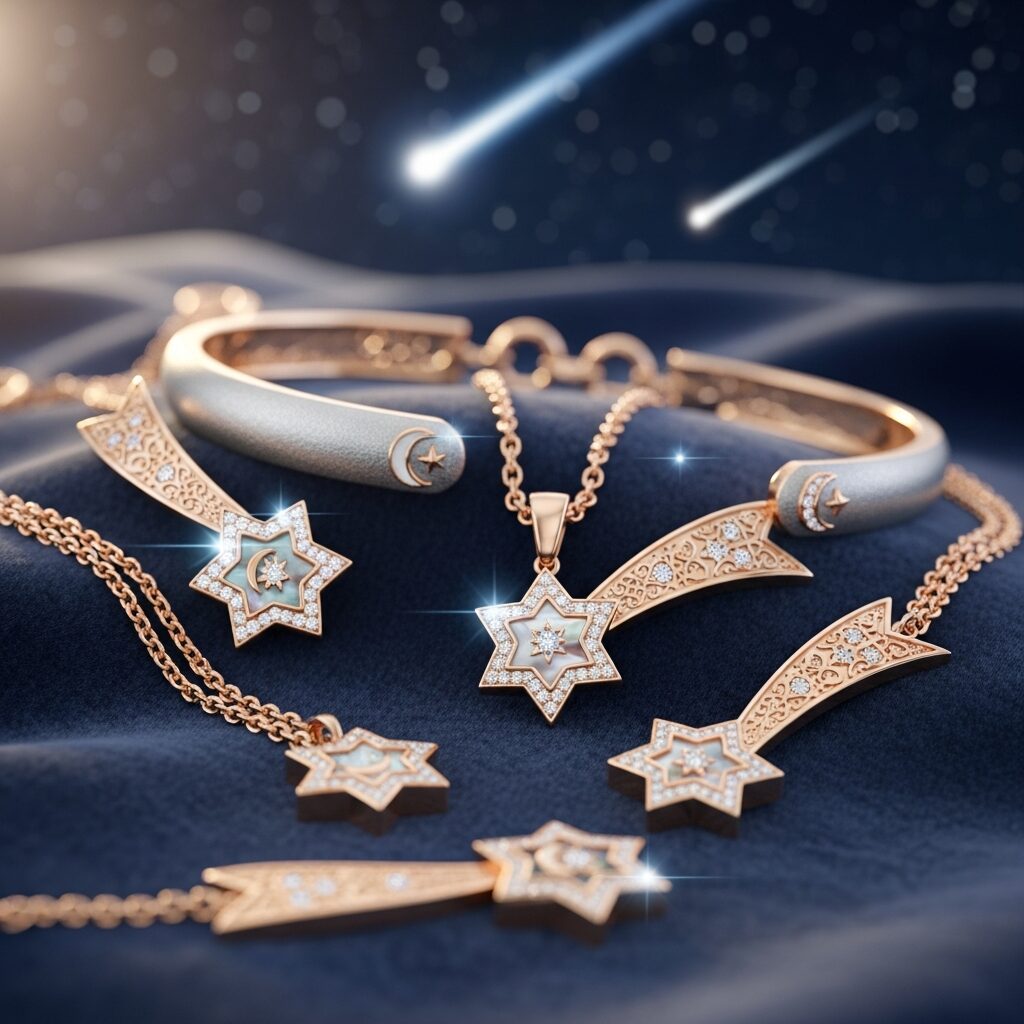 Découvrez une collection de bijoux étoile inspirée par les etoiles filante islam. Colliers et bracelets élégants, finitions impeccables et éclats délicats, chacun lié à une signification personnelle. Portez lumière, rêve et protection, avec raffinement.