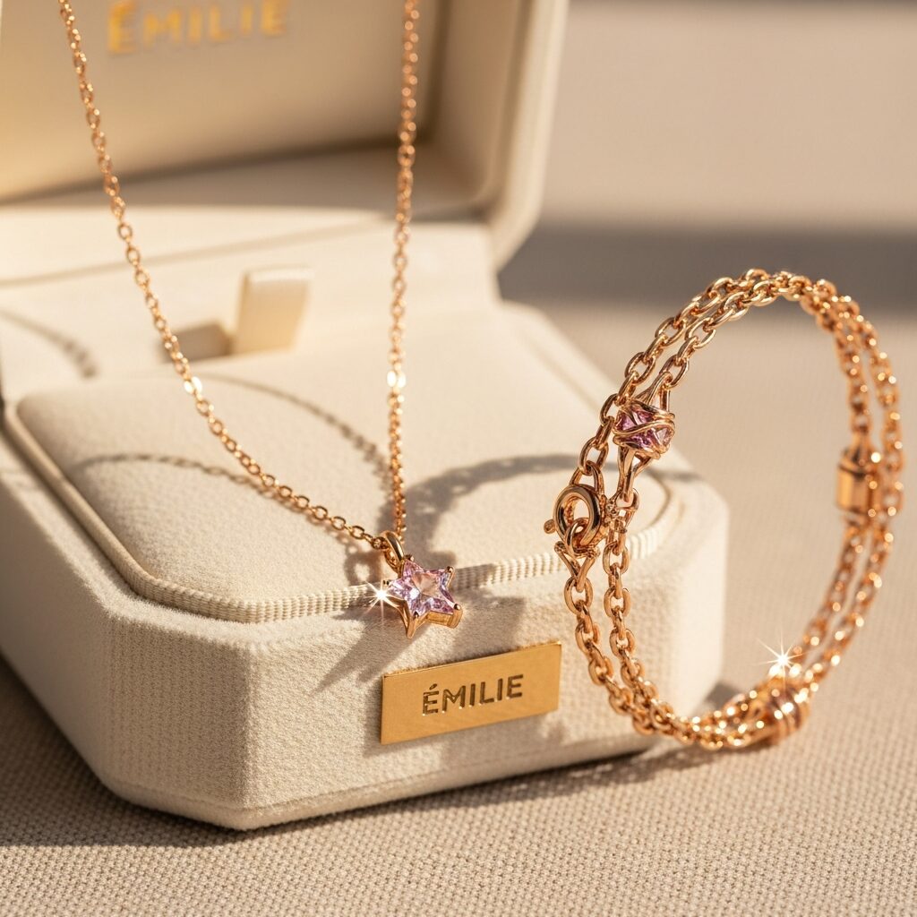 Émilie présente etoile rose: collection de bijoux étoile mêlant lumière et symbolisme. Collier et bracelet avec une étoile rose, finitions raffinées et artisanat authentique. Portez rêve et protection avec élégance. Livraison rapide et paiement sécurisé.