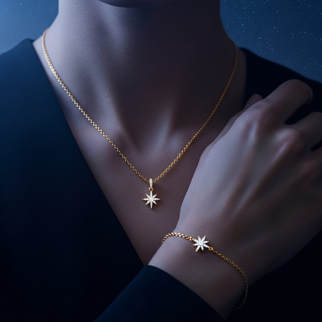 Explorez le ciel étoilé à travers nos bijoux étoile: collier et bracelet raffinés qui capturent lumière et symbole. Des matières nobles, des finitions parfaites, et une signification personnelle (réussite, protection, liberté). Portez un fragment de ciel, racontez votre histoire.